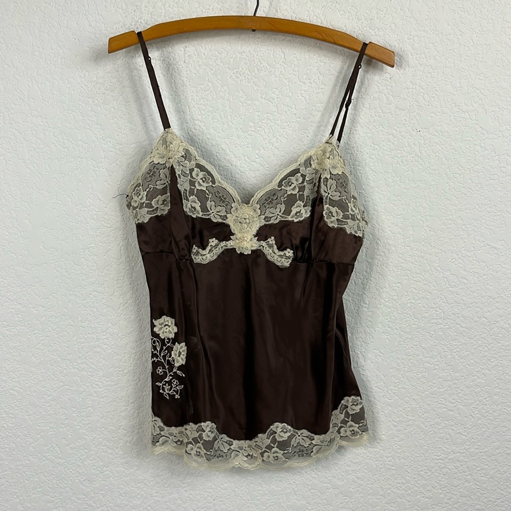 Gold Hawk Silk Brown Lace Floral Camisole VTG